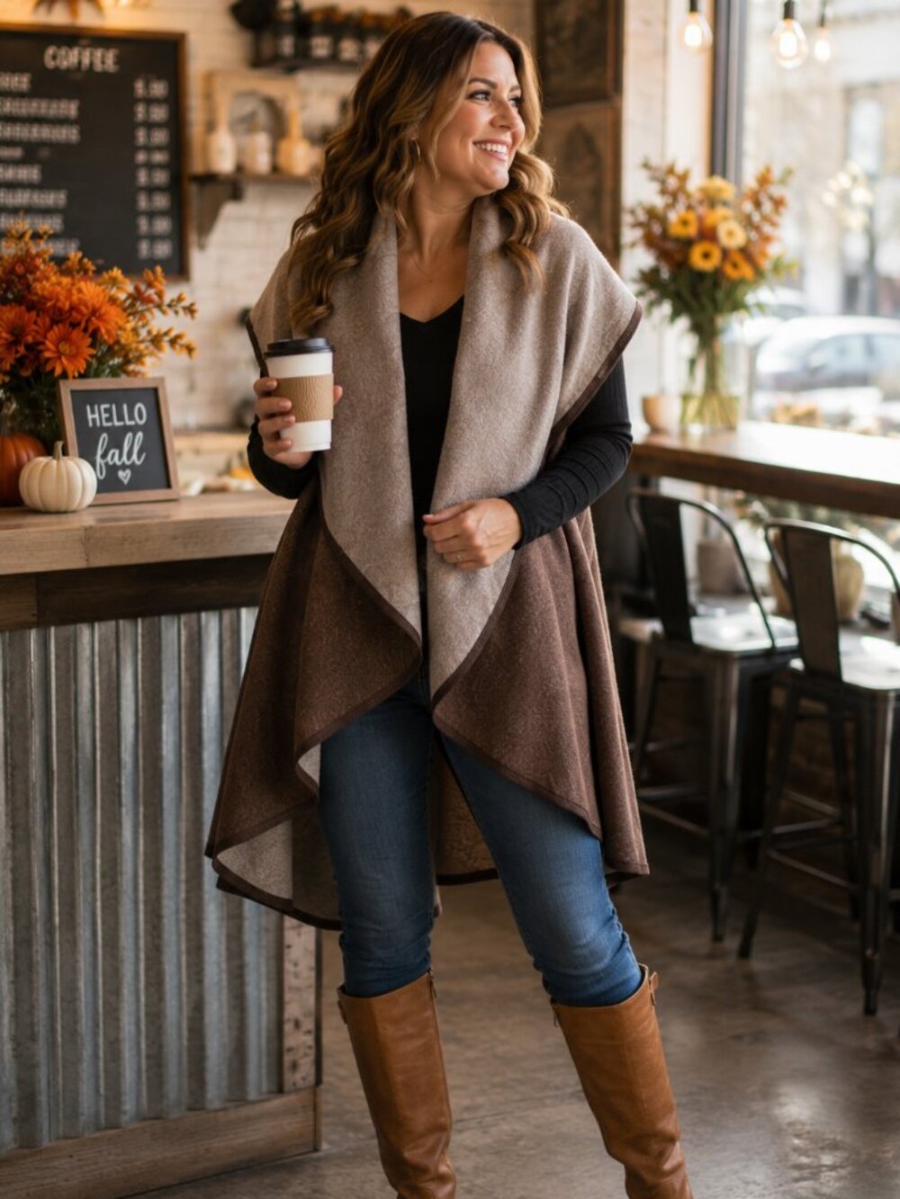 Reversible Two Tone Brown Taupe Shawl Vest Wrap Cape One Size Fall Layer
